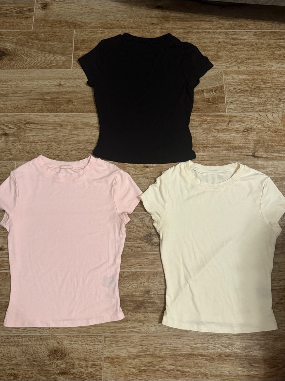 3 Basic Women's Short Sleeve Tees- Black, Light Pink, Cream